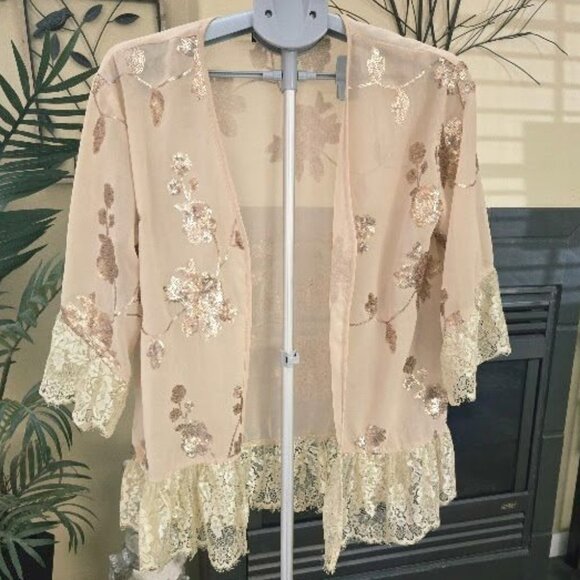 BKE Boutique sz large Chiffon and lace open front cardigan - Picture 2 of 4